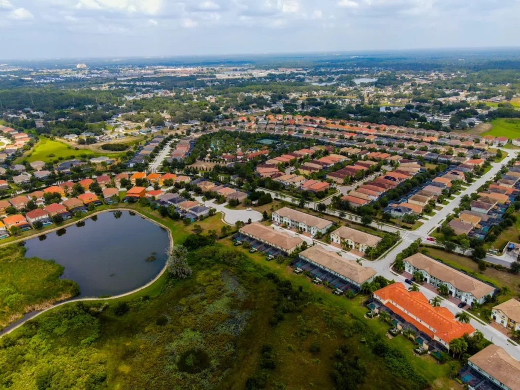 Aerial view of the Solterra Resort neighborhood and pond